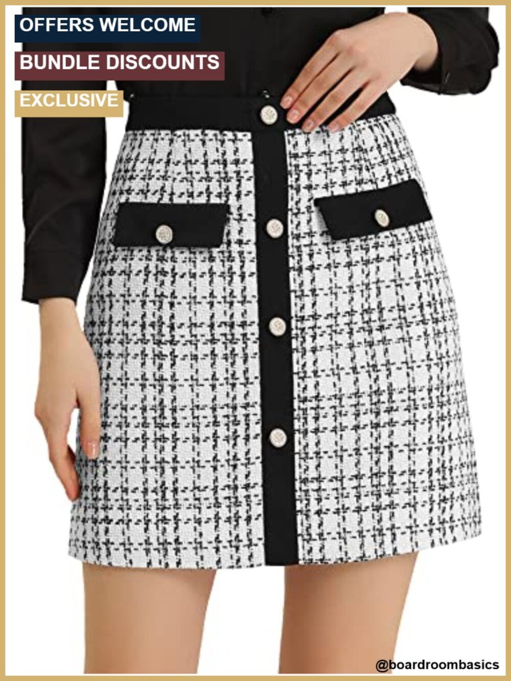 Tweed Plaid High Waist Button Front A-Line Mini Skirt Office Workwear